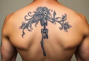 Feminine dancing skeleton with floral flowing hair tattoo idea