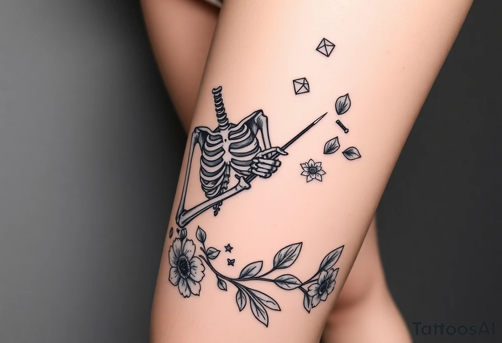 Pretty Nurse skeleton holding a needle with peonies and honey combs background tattoo idea