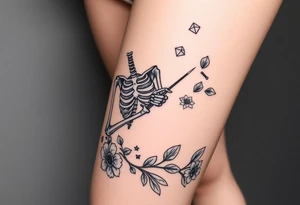 Pretty Nurse skeleton holding a needle with peonies and honey combs background tattoo idea