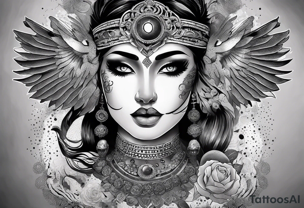 black kali, goddess pirate, alien, angel, pachamama, valkrye, warrior, flying, skull, lotus azul, wing, eagle, zenza resonance, stars, 5D, anahata chakra, death, durga, riding on a tiger, flying lady, kundalini, chest tatoo, samuri, rebel, serpent tattoo idea