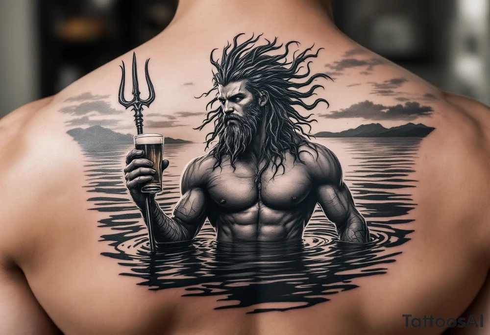 young, fit poseidon in calm water, holding a trident, holding a beer, with sunset tattoo idea