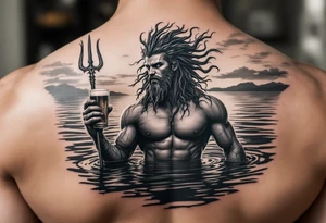 young, fit poseidon in calm water, holding a trident, holding a beer, with sunset tattoo idea