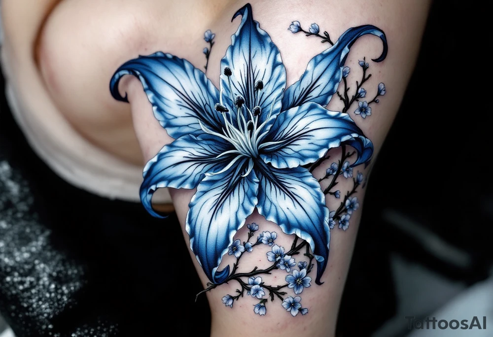 blue spider lily in black and white colours from the anime demon slayer and Cherry Blossoms wrapped around the arm tattoo idea