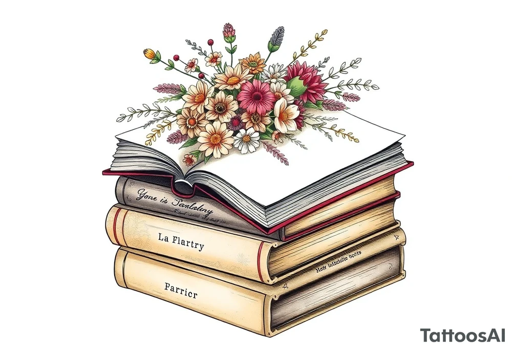 stack of 3 vintage books with various names on the spines top book open with bouquet of different kinds of wild 
flowers coming out of it tattoo idea