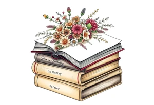 stack of 3 vintage books with various names on the spines top book open with bouquet of different kinds of wild 
flowers coming out of it tattoo idea