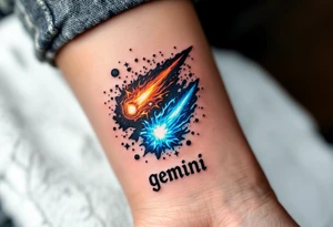 A twin comet design, one burning in fiery orange and the other glowing in icy blue, crashing into each other with word "gemini" underneath. tattoo idea