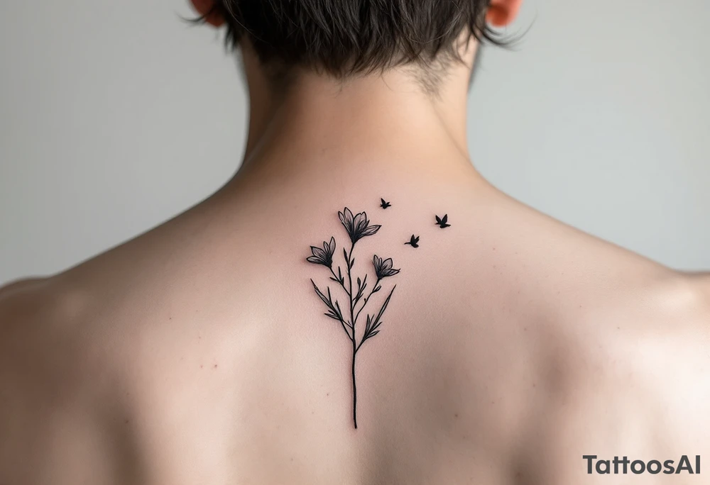A wood violet blowing in the wind with pedals floating away turning into birds tattoo idea