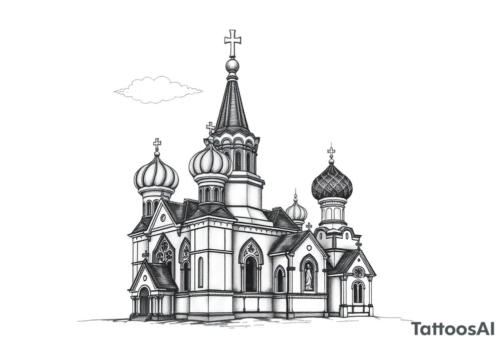 highly detailed Russian Orthodox cathedral with onion domes and orthodox crosses, done in fine line, engraving-like style. Cohesive composition, black ink only, no color, high contrast, slightly aged, documentary-style, plain light background. with clouds above it and a virgin mary over looking tattoo idea