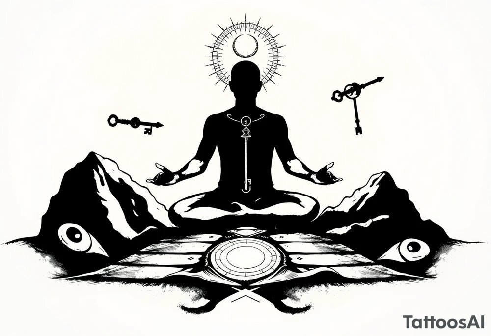 a figure - just a shadow /outline sitting in cross cross position meditating based on the lyrics “doing time in the universal mind” by the doors - with a psychedelic trippy background that correlates to TIME as the meditation expands out from his head into the universe / cosmos . the phrase TURNING KEYS and setting people free needs to be worked in there… flying keys? tattoo idea