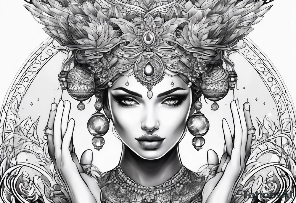 Woman , hands over head , holding orb of creation above head tattoo idea