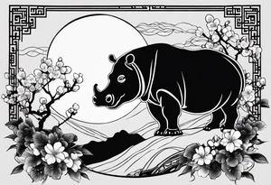 Asymmetrical, geometric, chinese ink art touch, hippo , full moon, wintersweet flower,  modify from my favourite, tattoo idea