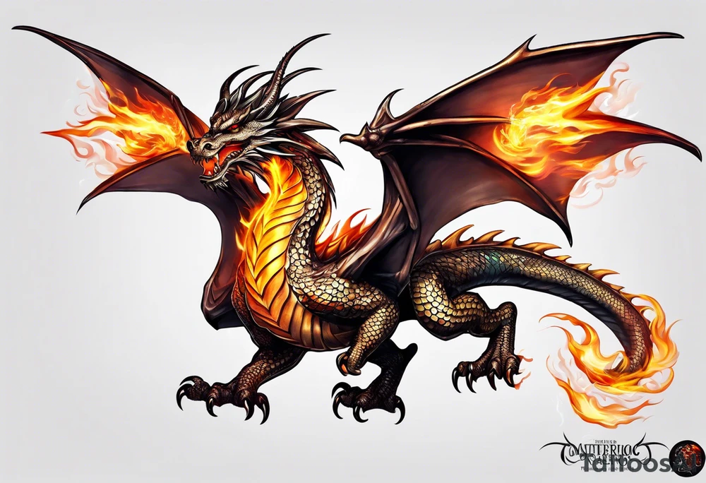 Flying dragon, fire around tattoo idea