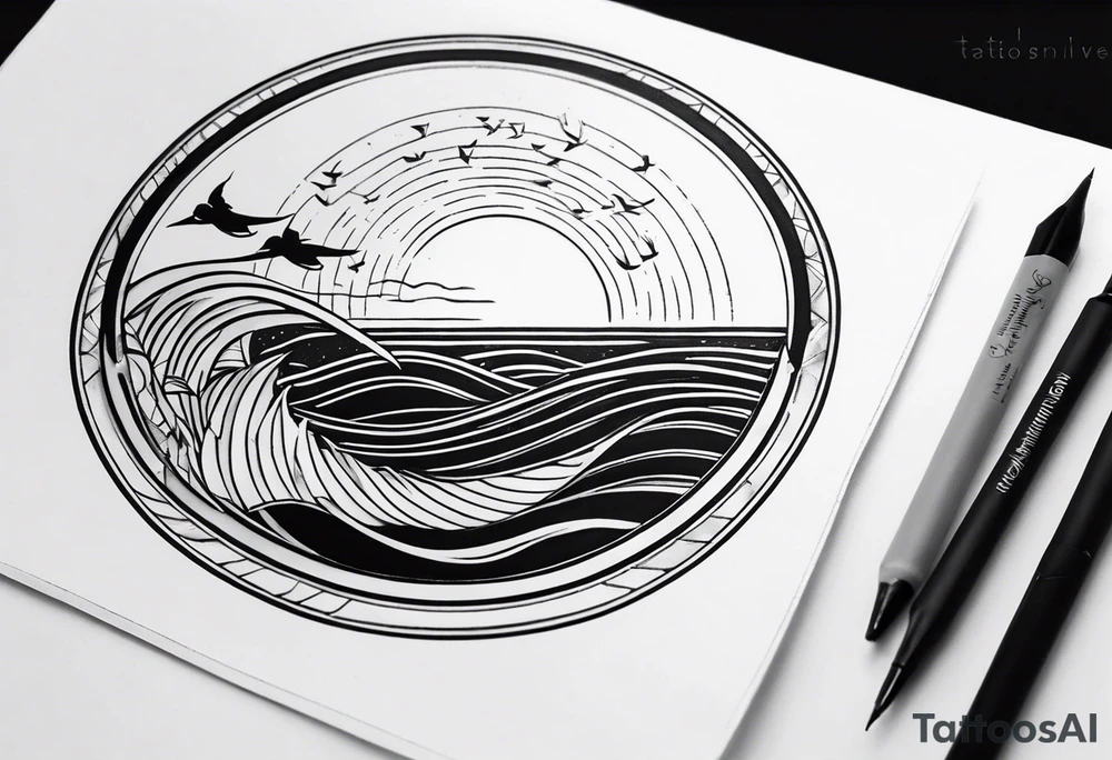 Tattoo along spine Compass with wAVES on mid back female elongated with birds above tattoo idea