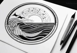 Tattoo along spine Compass with wAVES on mid back female elongated with birds above tattoo idea