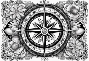 Compass, oyster with pearl, shells, starfish, skull tattoo idea