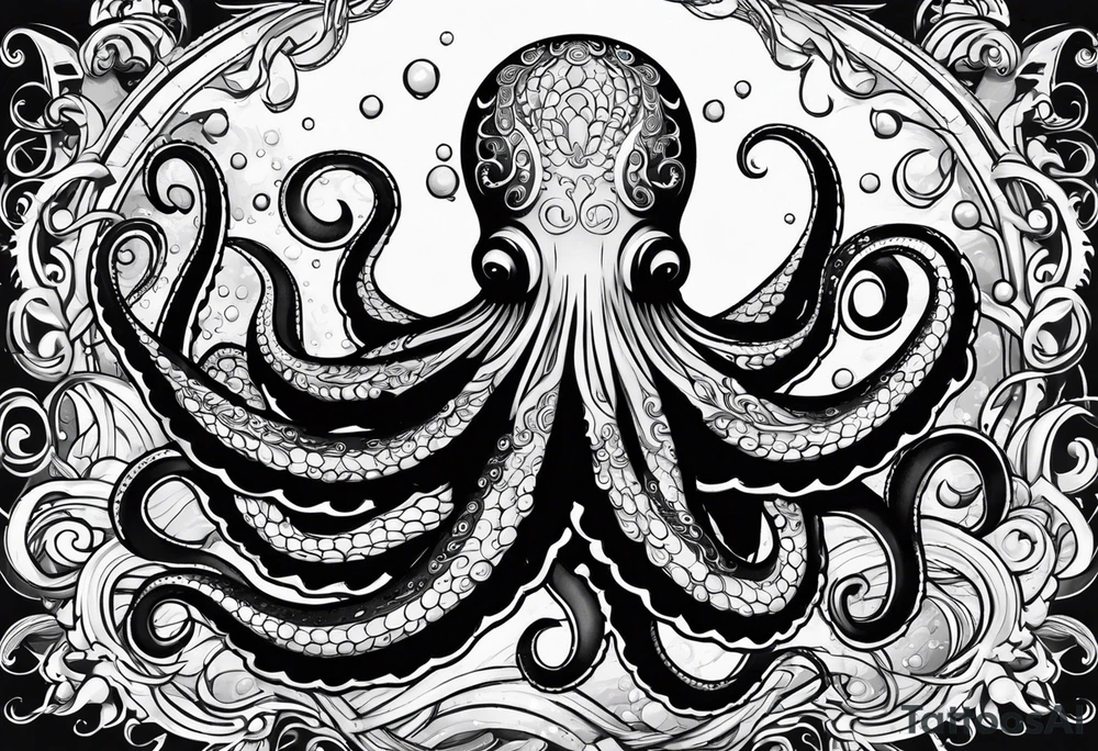 Tribal half sleeve. octopus surrounded by ribbons of water waves filled with fish. the octopus has no eyes. Use thick lines only with less detail. tattoo idea