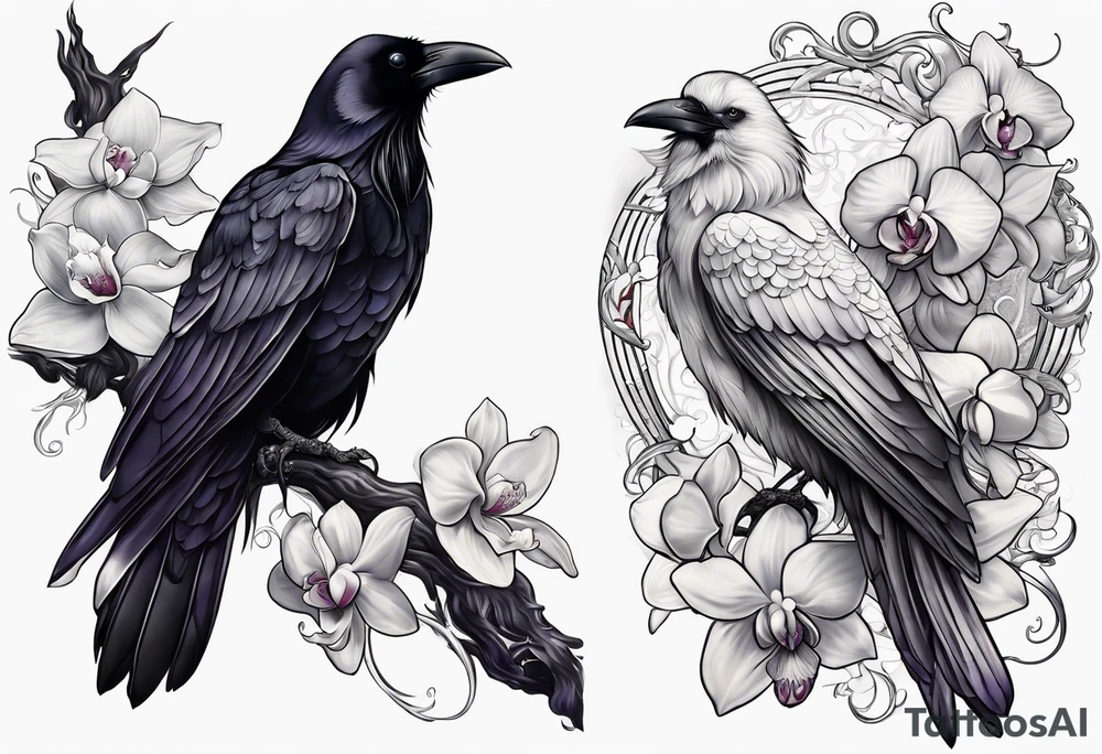 A sleeve with a a Raven A white orchid 1990 and something showing change with the Raven tattoo idea