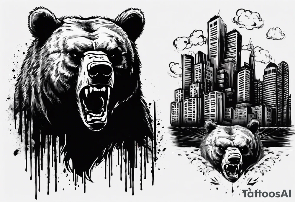 Angry bear coming up behind a city tattoo idea