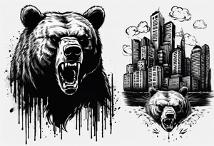 Angry bear coming up behind a city tattoo idea
