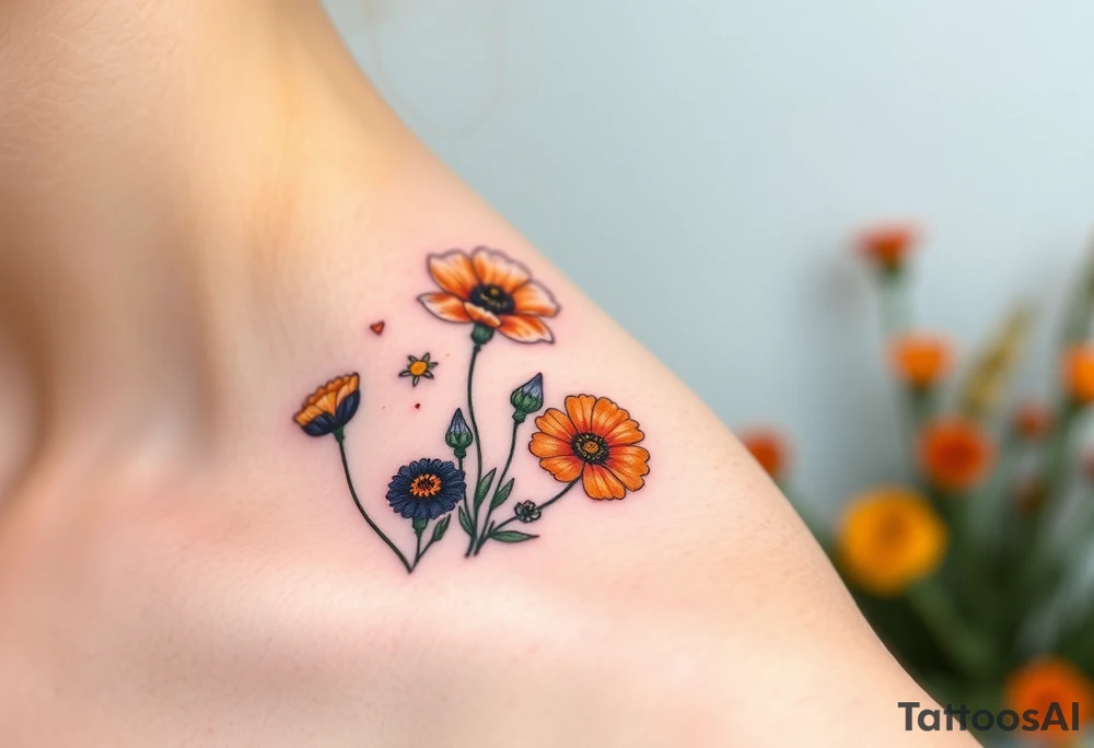 California poppies, California blackberries, gray’s lupine, marsh marigold, Indian paintbrush, one daisy, and an orange and orange blossom tattoo idea