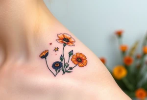 California poppies, California blackberries, gray’s lupine, marsh marigold, Indian paintbrush, one daisy, and an orange and orange blossom tattoo idea