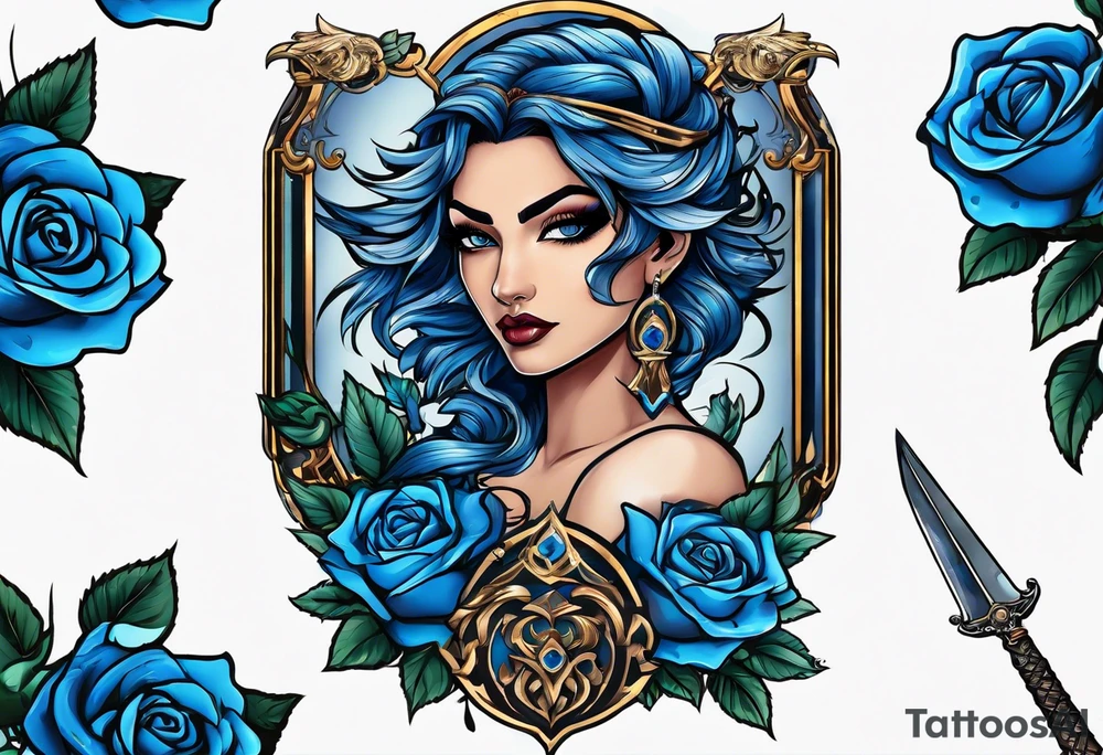 Justicia Goddess Tattoo  frame blue roses, With scales and a sword, blindfolded. tattoo idea