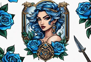 Justicia Goddess Tattoo  frame blue roses, With scales and a sword, blindfolded. tattoo idea