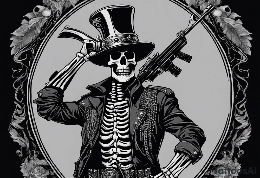 image of a skeleton standing frontally with a crown on his head, holding an AK-47 on his shoulder with his right hand. The chain on the left should be taut, there are three angry barking Dobermans in it, near the waist tattoo idea