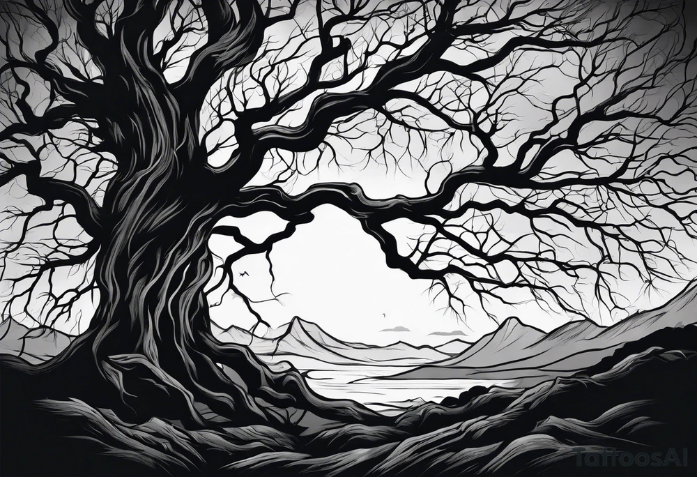 Dead tree with roots silhouette tattoo idea