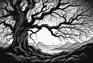 Dead tree with roots silhouette tattoo idea