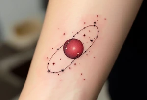 A Virgo  in crimson red centers the arm with delicate white stars constelltion orbiting in its form. tattoo idea