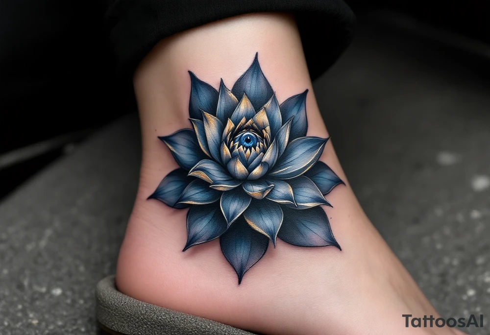 A deep indigo lotus flower with a central eye and subtle gold highlights around the petals. tattoo idea