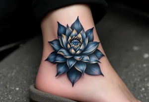 A deep indigo lotus flower with a central eye and subtle gold highlights around the petals. tattoo idea