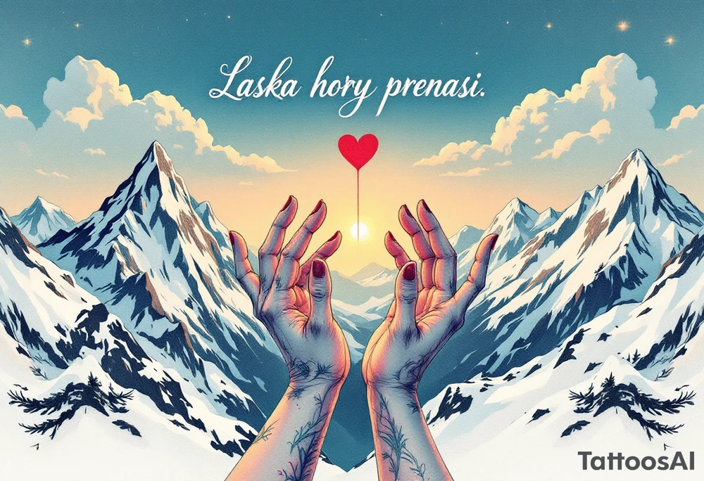 "Laska hory prenasi." — Two hands reaching across snowy mountain peaks, joined by a red heart thread and the quote floating above in soft cursive script. tattoo idea