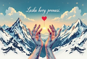 "Laska hory prenasi." — Two hands reaching across snowy mountain peaks, joined by a red heart thread and the quote floating above in soft cursive script. tattoo idea