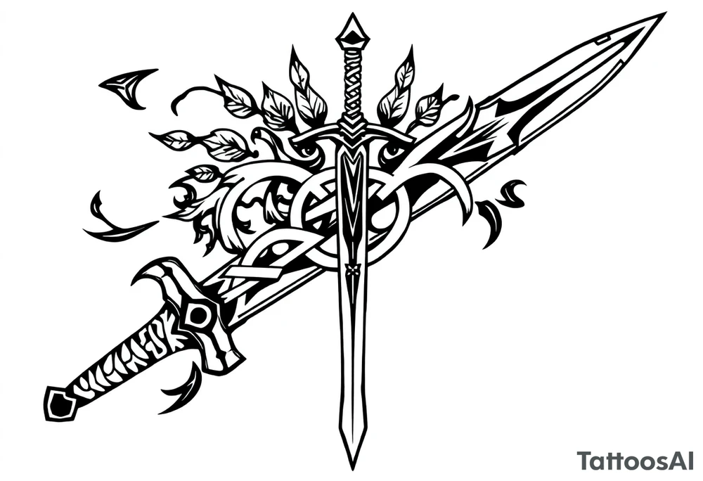 a sword with an overgrown Celtic knot band infused with nature tattoo idea