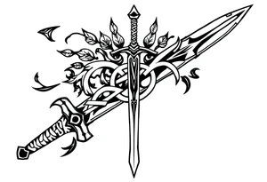 a sword with an overgrown Celtic knot band infused with nature tattoo idea