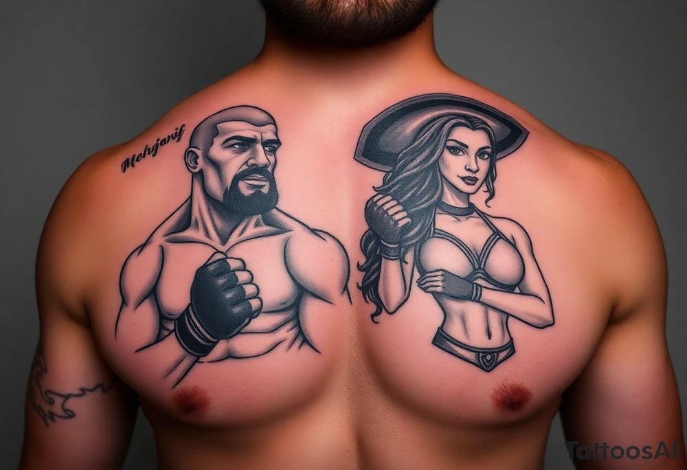 i need tatoo of merab(the machine) and ilia(el matador) ufc fighters
, i need machine as person form with papakha(headgear on first photo) and second person something related to el matador, black tattoo style, it will be placed on stomach
i need caricatural figures(whole person whole body) of machine with papakha hat and something related to el matador tattoo idea