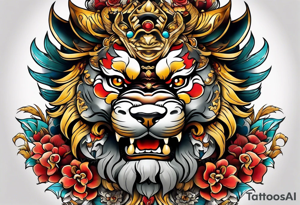 Two full body, Okinawa shisa facing inward tattoo idea