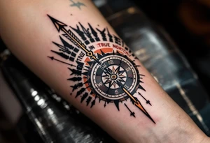 Rustic half compass half clock with a long native American arrow pointing at my wrist with the words “True North” and says "Isaiah 40:31" tattoo idea