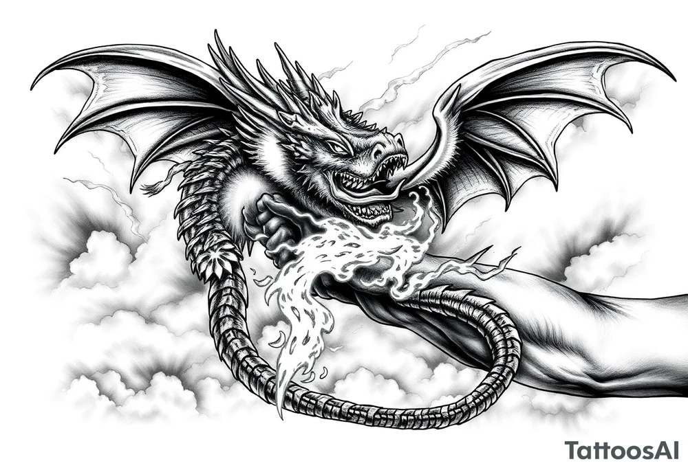 fierce dragon breathing iridescent fire against stormy skies tattoo idea
