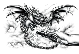 fierce dragon breathing iridescent fire against stormy skies tattoo idea