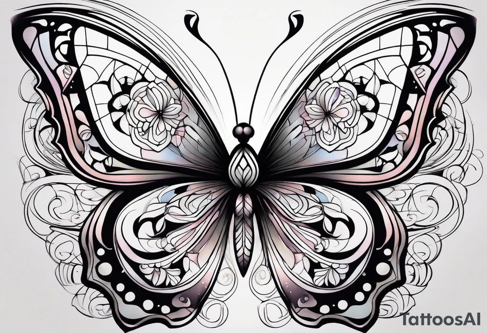 Elegant butterfly with fine, feminine linework, incorporating soft, symmetrical patterns and a light gradient from black to soft pastel hues for a graceful touch. tattoo idea