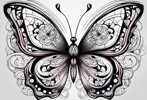 Elegant butterfly with fine, feminine linework, incorporating soft, symmetrical patterns and a light gradient from black to soft pastel hues for a graceful touch. tattoo idea