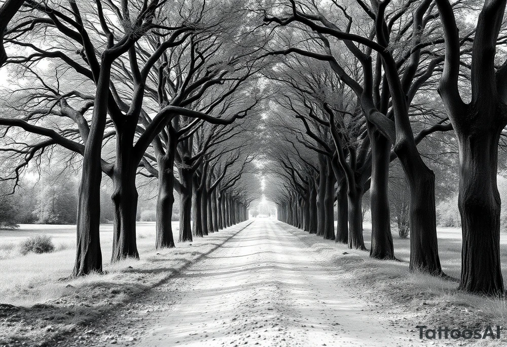 Tree-lined dirt road. Road is rough, little shoulder. Deciduous trees arch across it, meeting in the middle. 

Road should be rougher, more rural. Branches start lower. The trees in the foreground should be bigger — perspective has road getting smaller. 

Make the trees leafier. Branches begin lower on the trunk tattoo idea