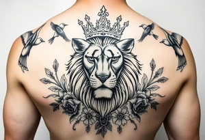 powerful majestic lion with a crown, surrounded by floral ornaments and birds tattoo idea
