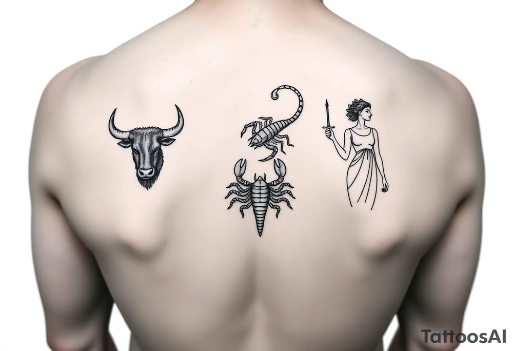 Minimalist tattoo design, featuring three distinct figures: a powerful bull, a stylized scorpion, and a graceful maiden (Virgo), fine line art style, black ink, white background, clean contours, no shading, elegant composition, sophisticated masculine aesthetic, high contrast tattoo idea