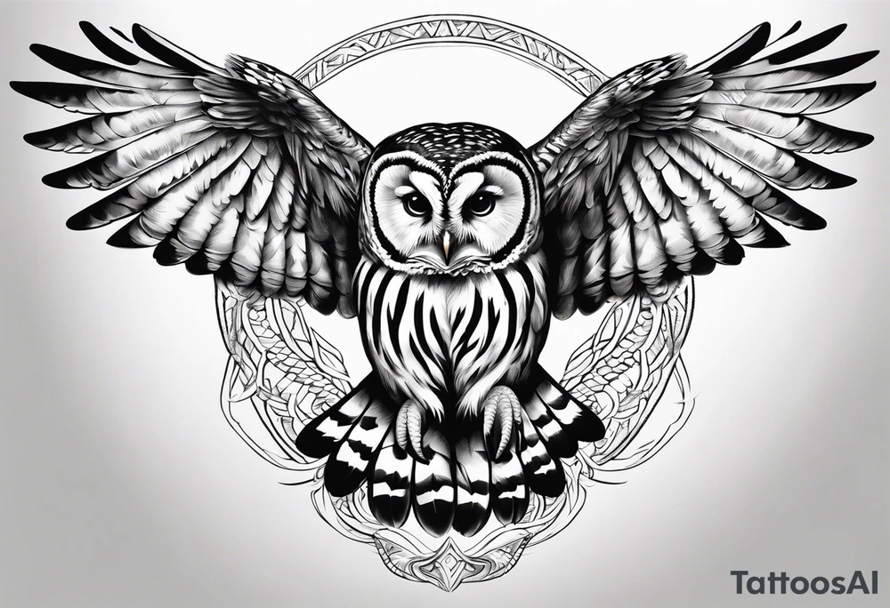 barred owl wings outstretched with a corn snake in its feet tattoo idea