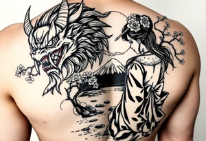 Fierce Japanese demon and geisha with cherry blossom tree river and stone bench mt fuji tattoo idea