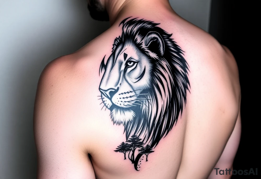 Give me a realistic pridefull nlack and grey lion on the inner forearm with a savannah dunset undeath with trees tattoo idea